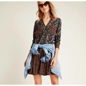 Anthropologie Maeve Marlie long sleeve button-front‎ black floral tunic dress 2